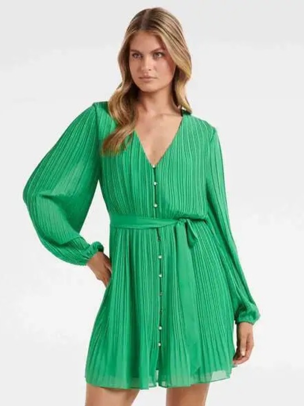 Ever New Bright Green Pleated Long-Sleeve Button Dress with Tie Waist